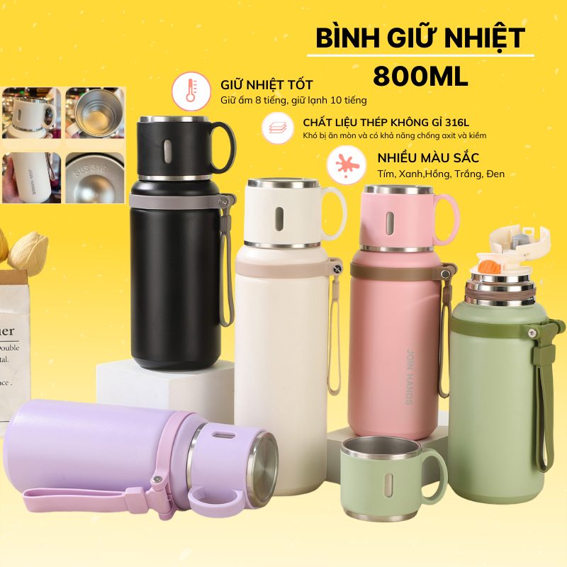 Bình Giữ Nhiệt JOIN HANDS 800ml Inox 316 Bình Nước Giữ Nhiệt Nóng Lạnh, Nắp Làm Cốc, Có Lọc Trà