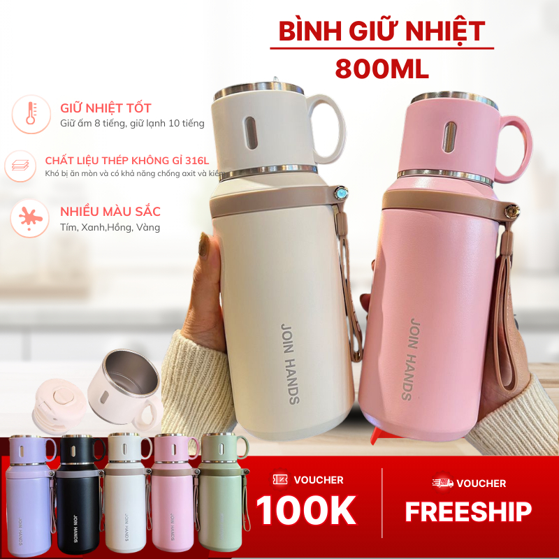 Bình Giữ Nhiệt JOIN HANDS 800ml Inox 316 Bình Nước Giữ Nhiệt Nóng Lạnh, Nắp Làm Cốc, Có Lọc Trà