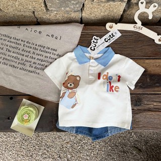 Set bộ polo cộc tay bé trai họa tiết gấu mix quần Jean, chất mềm mát thấm hút mồ hôi tốt
