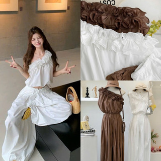 SEP House - Set tơ voan bèo lệch vai bo chun eo phối quần dài suông rộng bo gấu trắng nâu cá tính trendy - Hàng loại 1
