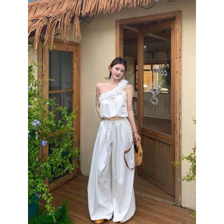 SEP House - Set tơ voan bèo lệch vai bo chun eo phối quần dài suông rộng bo gấu trắng nâu cá tính trendy - Hàng loại 1