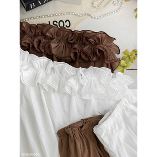 SEP House - Set tơ voan bèo lệch vai bo chun eo phối quần dài suông rộng bo gấu trắng nâu cá tính trendy - Hàng loại 1