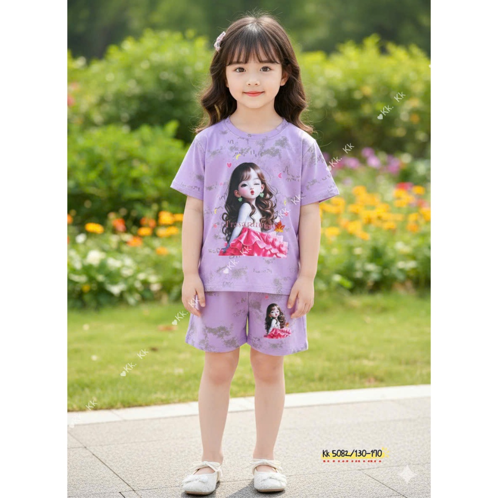 Bộ Cộc Tay Loang In Hình Cô Gái Dành Cho Bé Gái 9-42kg Chất Liệu Thoáng Mát
