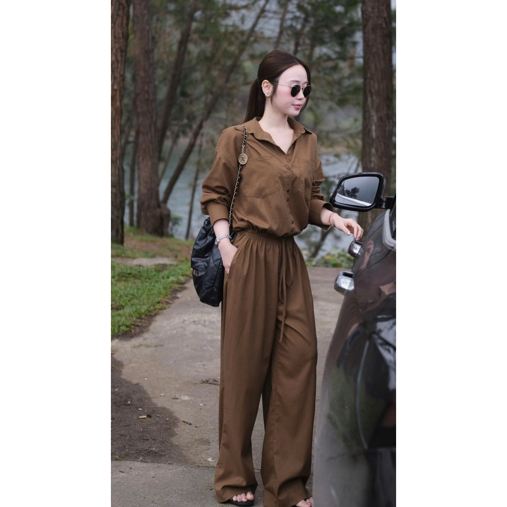 [ Hình Thật ] Jumpsuit Nâu Dài Nữ Thanh Lịch – Jum Ống Rộng Thắt Eo Tôn Dáng Thời Trang Cao Cấp Sang chảnh