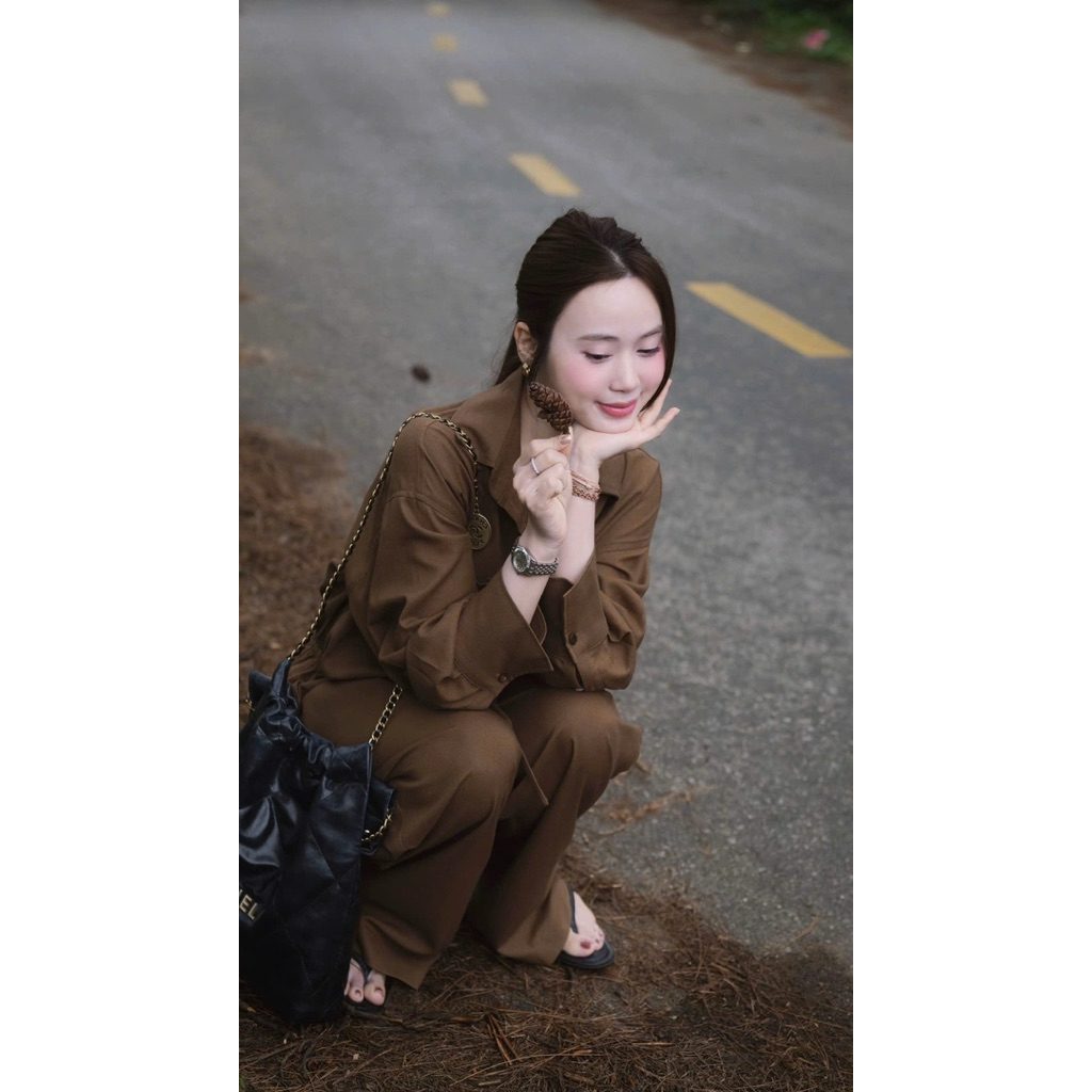 [ Hình Thật ] Jumpsuit Nâu Dài Nữ Thanh Lịch – Jum Ống Rộng Thắt Eo Tôn Dáng Thời Trang Cao Cấp Sang chảnh
