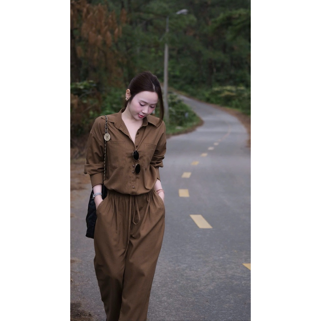 [ Hình Thật ] Jumpsuit Nâu Dài Nữ Thanh Lịch – Jum Ống Rộng Thắt Eo Tôn Dáng Thời Trang Cao Cấp Sang chảnh