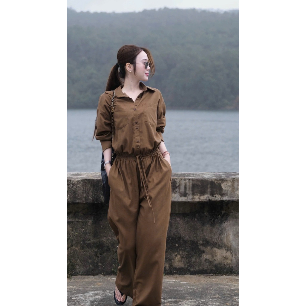 [ Hình Thật ] Jumpsuit Nâu Dài Nữ Thanh Lịch – Jum Ống Rộng Thắt Eo Tôn Dáng Thời Trang Cao Cấp Sang chảnh