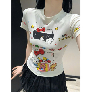 Áo phông cotton cổ tròn cộc tay hình mèo kitty đeo kính đen #23059