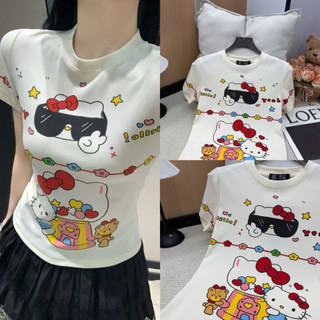 Áo phông cotton cổ tròn cộc tay hình mèo kitty đeo kính đen #23059