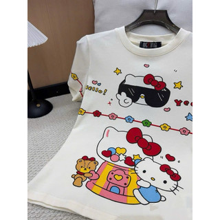 Áo phông cotton cổ tròn cộc tay hình mèo kitty đeo kính đen #23059