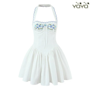 Đầm cổ yếm dáng xoè thêu hoa hàng TQ(Sẵn S,M)