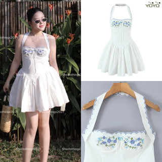 Đầm cổ yếm dáng xoè thêu hoa hàng TQ(Sẵn S,M)