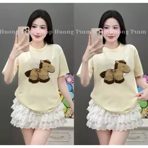 Áo Phông Ngắn Tay Mặc Hè In Lừa Vàng Giả Thêu Nữ Tính Phong Cách Hàn Quốc Siêu Dễ Thương