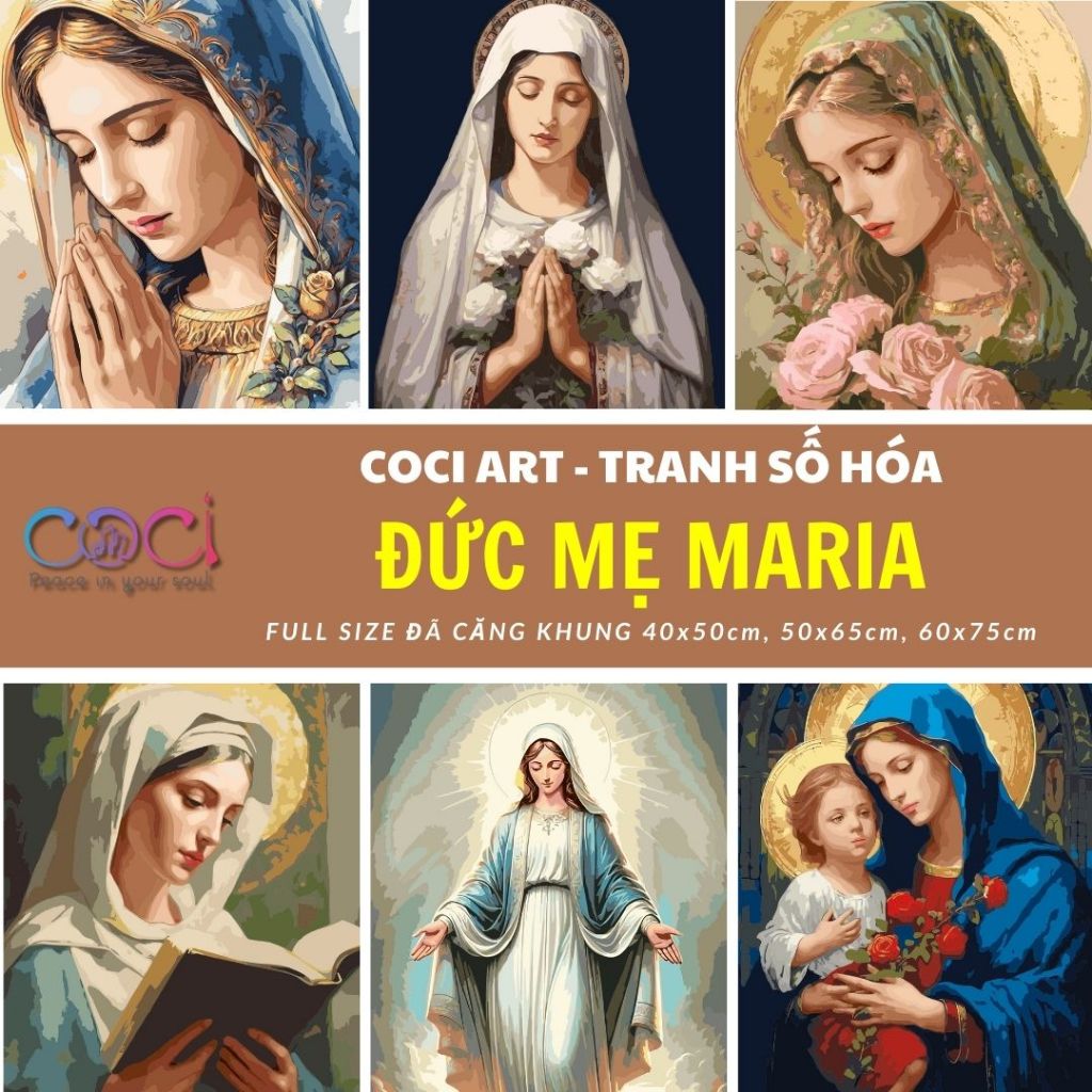 Tranh Số Hóa Tô Màu Theo Số Công Giáo Đức Mẹ Maria Cầu Nguyện COCI Có Khung Đã Căng Tổng Hợp