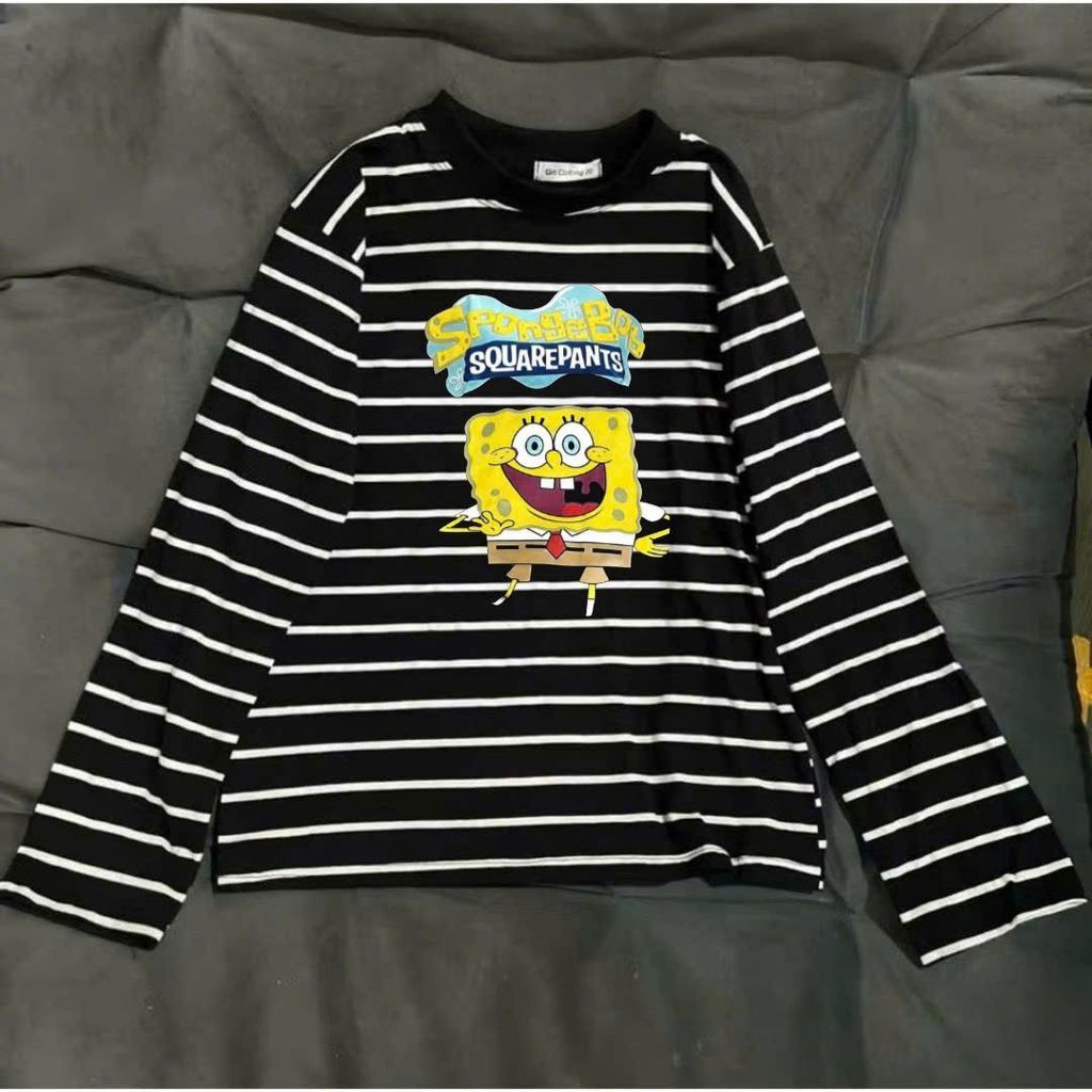 Áo Thun Sweater Kẻ Vằn Dài Tay In Các Mẫu Cutee Basic From Rộng 100% Cotton Mềm Mát Siêu Co Dãn