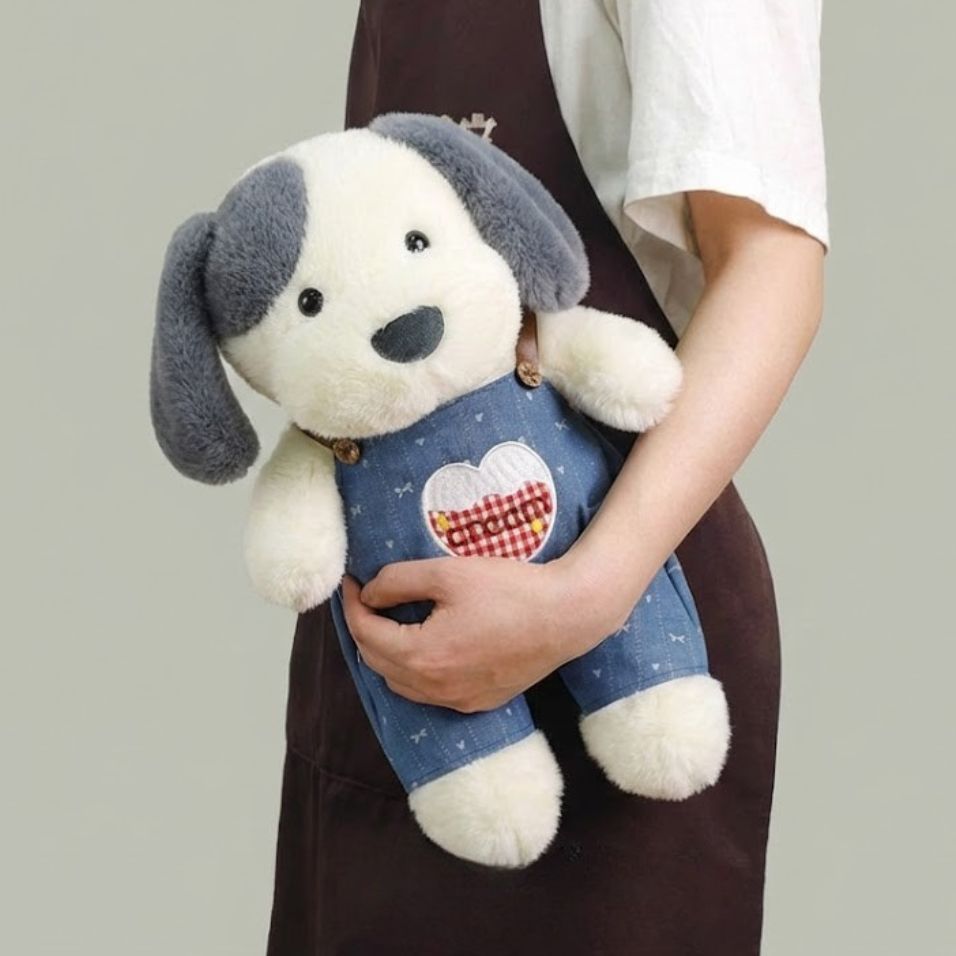 Gấu Bông Chó Cún Mặc Quần Áo Yếm Jeans Dễ Thương, Chó Nhồi Bông Mềm Mại Quà Tặng Cho Bé, Bạn Gái Trai Ngày Sinh Nhật