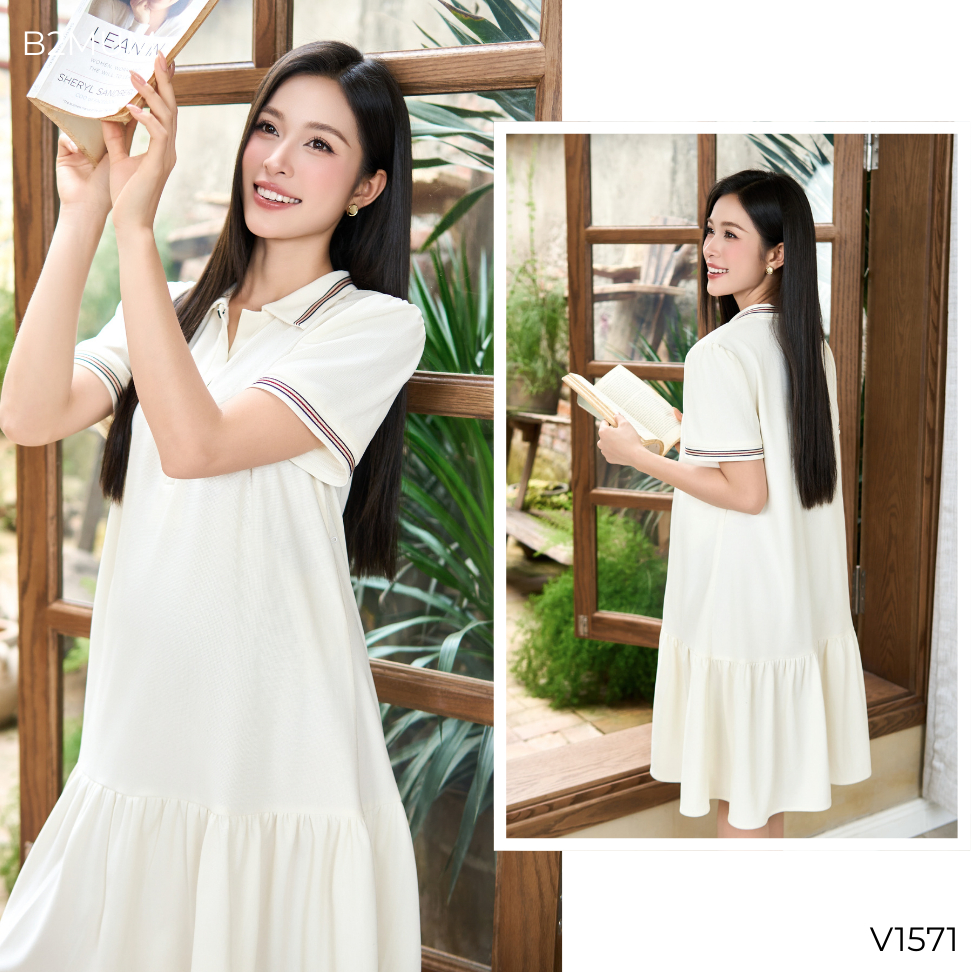 Váy Bầu Suông Phối Cổ Polo Viền Sọc Thanh Lịch, Chất Tổ Ong Mềm, Co Giãn, Mặc Đi Làm Dạo Phố Orin Dress V1571 By B2MUM