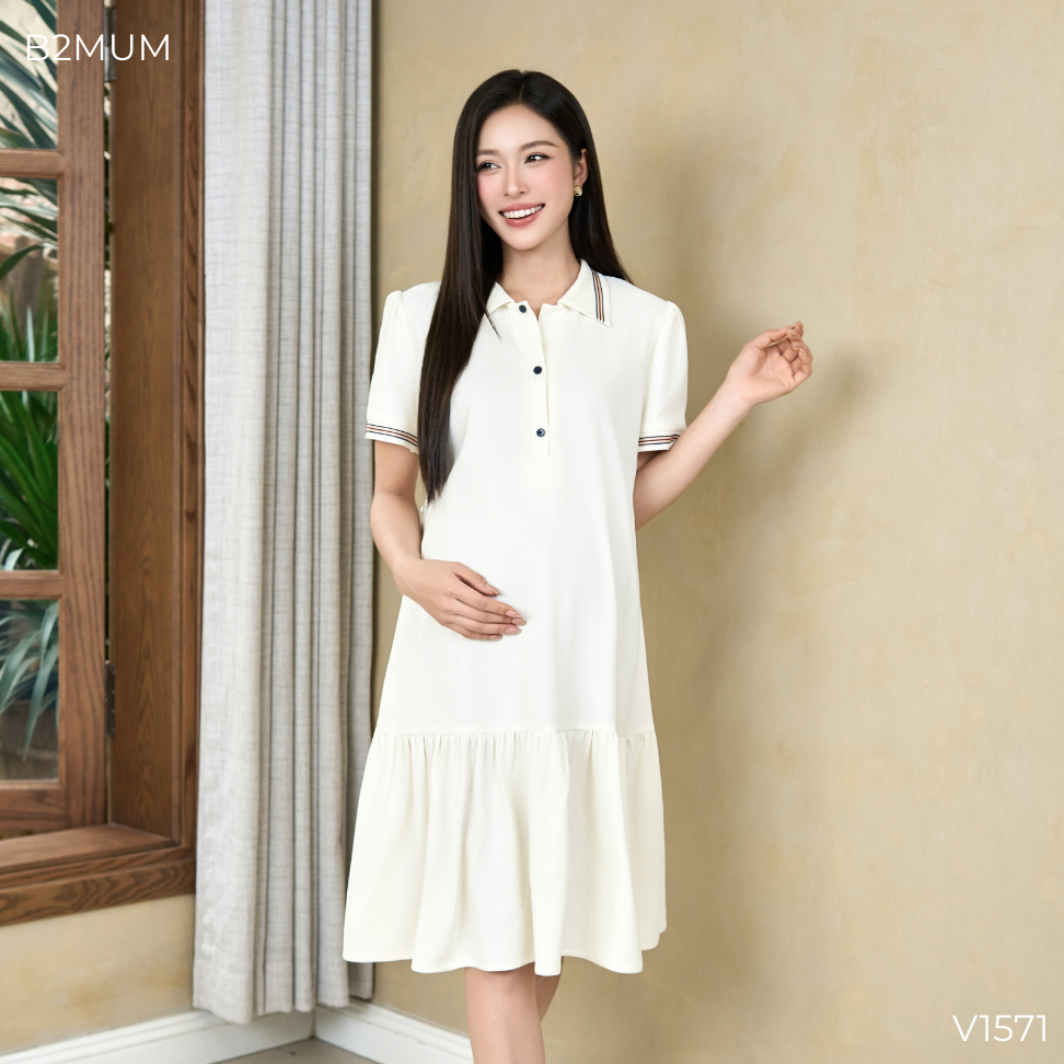 Váy Bầu Suông Phối Cổ Polo Viền Sọc Thanh Lịch, Chất Tổ Ong Mềm, Co Giãn, Mặc Đi Làm Dạo Phố Orin Dress V1571 By B2MUM