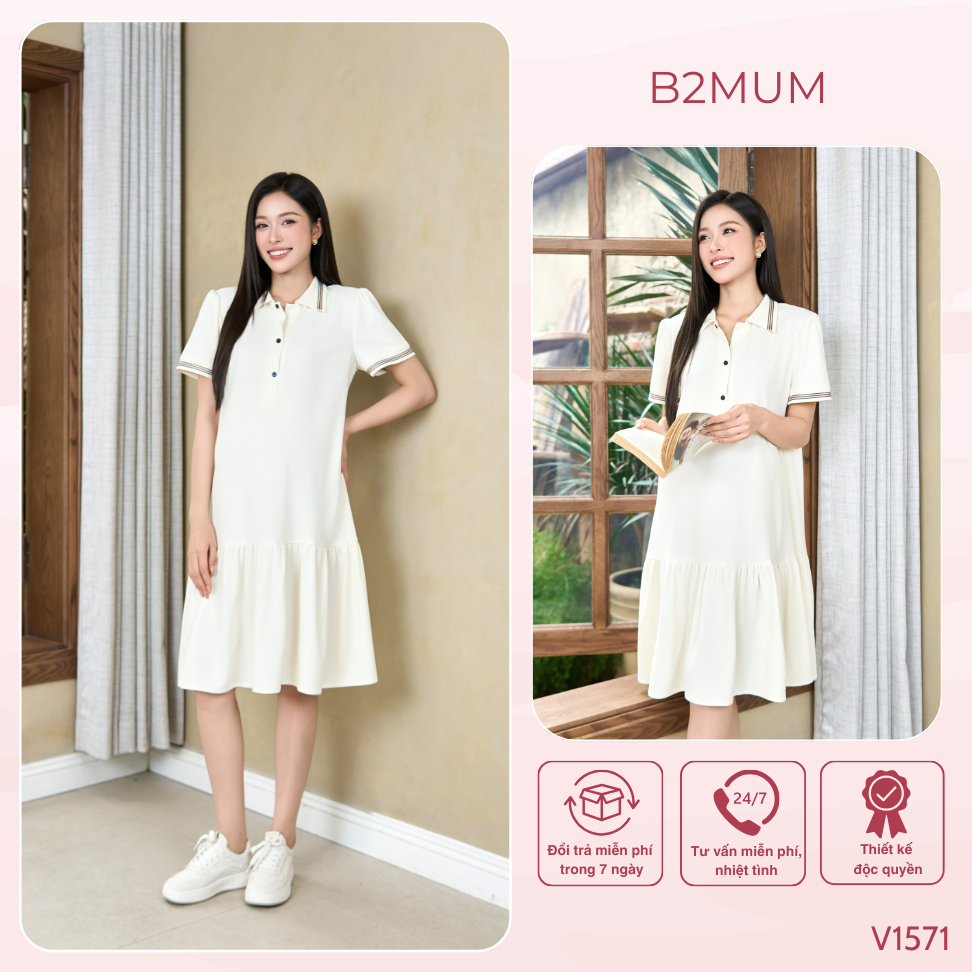 Váy Bầu Suông Phối Cổ Polo Viền Sọc Thanh Lịch, Chất Tổ Ong Mềm, Co Giãn, Mặc Đi Làm Dạo Phố Orin Dress V1571 By B2MUM
