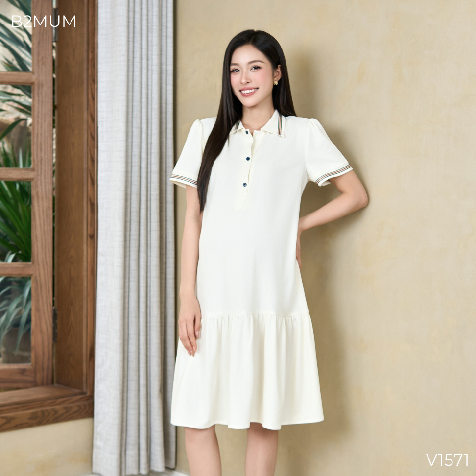 Váy Bầu Suông Phối Cổ Polo Viền Sọc Thanh Lịch, Chất Tổ Ong Mềm, Co Giãn, Mặc Đi Làm Dạo Phố Orin Dress V1571 By B2MUM