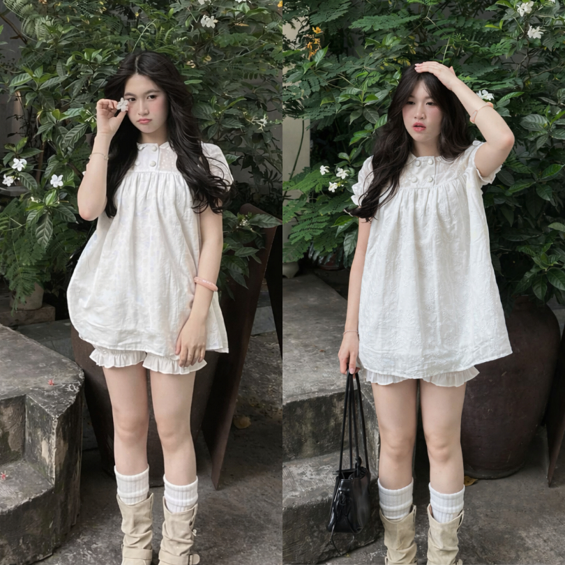 Set baybydoll tay phồng thô ren thêu hoa kèm quần bí bo chun LALA S16