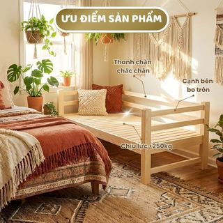 Giường Gỗ Ghép Cho Bé 1m5 có Thanh Rào Chắn, Lắp Ráp Nối Mở Rộng Giường Với Bố Mẹ, Gỗ Thông Tự Nhiên