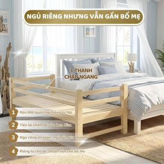 Giường Gỗ Ghép Cho Bé 1m5 có Thanh Rào Chắn, Lắp Ráp Nối Mở Rộng Giường Với Bố Mẹ, Gỗ Thông Tự Nhiên