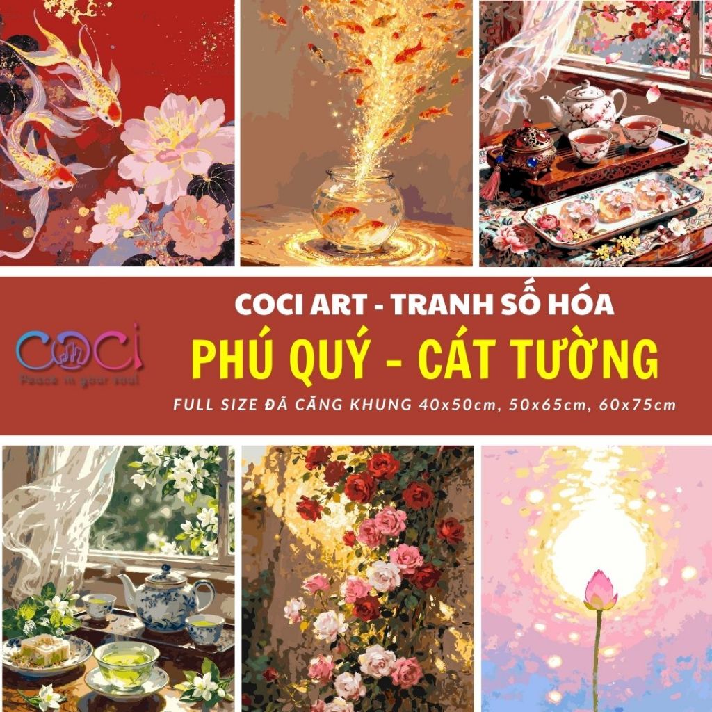 Tranh Số Hóa Tự Tô Màu Theo Số Trà Hoa Phú Quý Cát Tường May Mắn COCI Đã Căng Khung Tổng Hợp
