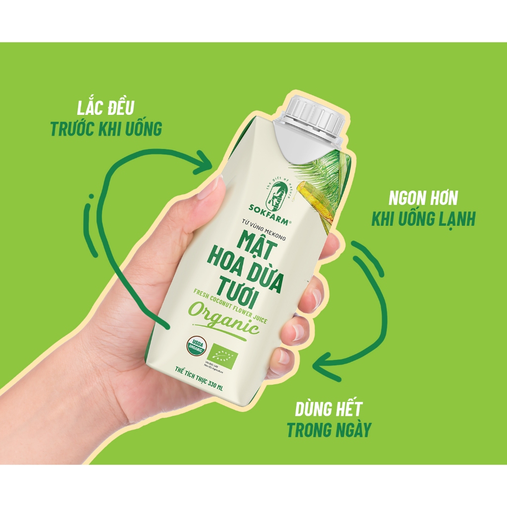 Mật hoa dừa tươi Organic Sokfarm 330ml [Combo 6 Hộp Giấy/1 thùng] Tiệt Trùng UHT Bù Khoáng Điện Giải