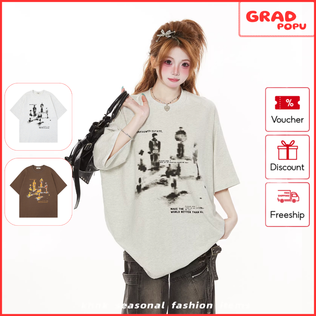 Áo thun nữ form rộng GRADPOPU tay lỡ in hình street style phong cách Ulzzang thoáng mát AN276