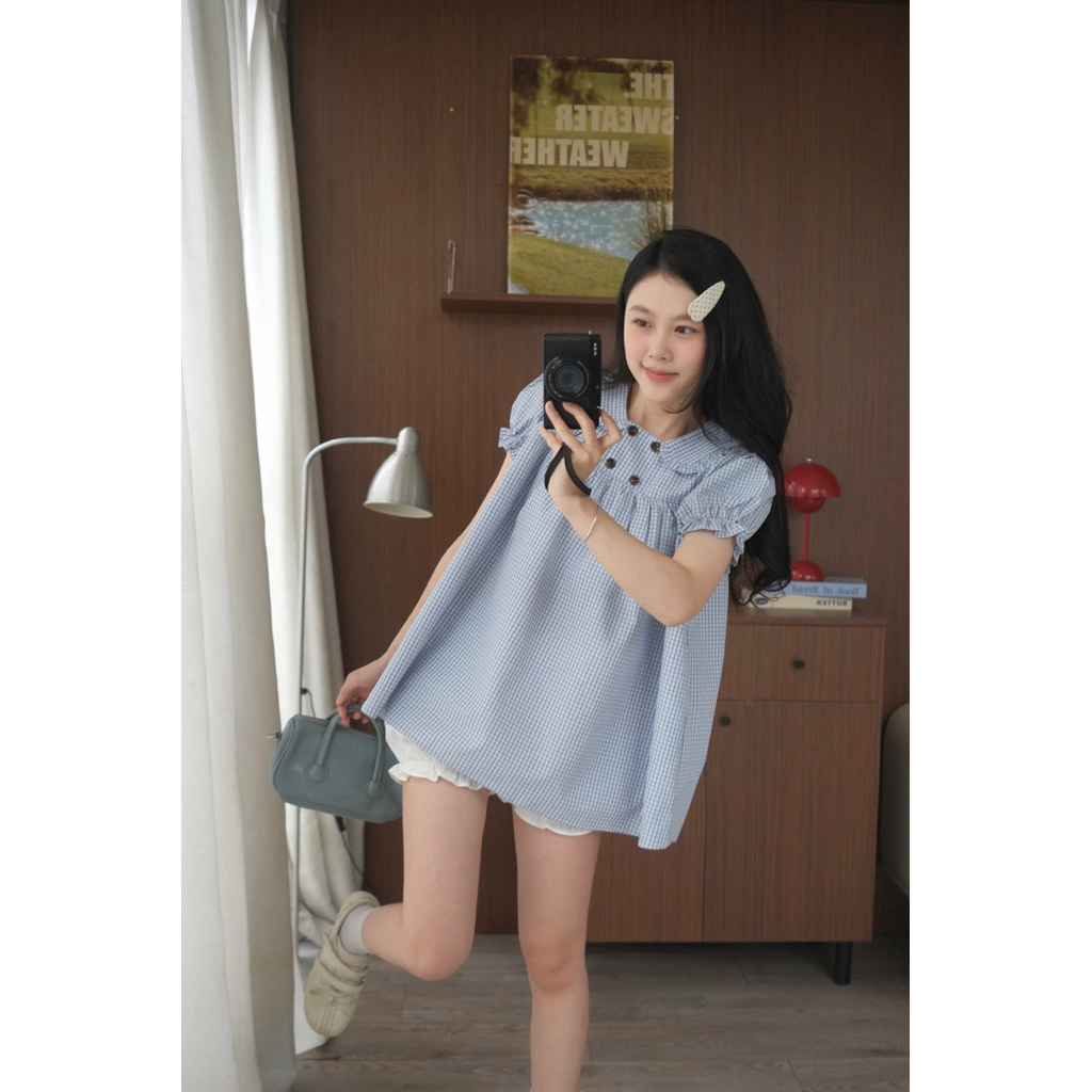 Set áo váy babydoll kẻ caro cổ cúc (kèm quần bí) Nữ the.sweaterweather TSW