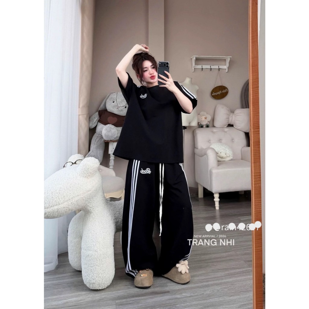 Sét Bộ Thể Thao Thêu Sọc Chữ BAD Phối Sọc Basic Quần Suông Ống Rộng Dành Cho Cả Nam Và Nữ