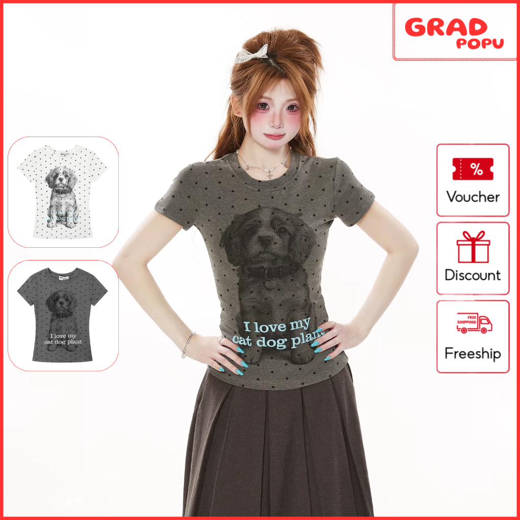 Áo thun nữ form ôm GRADPOPU tay ngắn in hình cún con chấm bi phong cách Hàn Quốc cá tính AN274