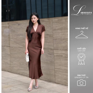 LABAVISTA Đầm lụa dáng dài đuôi cá nhẹ cổ V khóa kéo sau vải lụa cao cấp mềm mịn