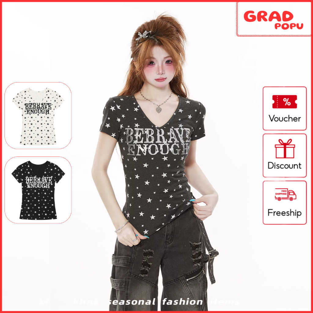 Áo thun nữ cổ tim GRADPOPU form ôm in chữ họa tiết ngôi sao chất cotton mềm mịn thoasng mát AN272