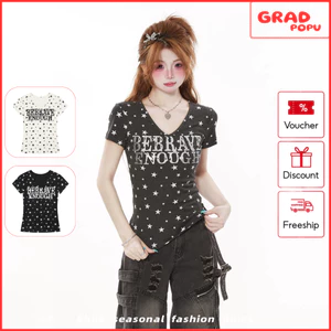 Áo thun nữ cổ tim GRADPOPU form ôm in chữ họa tiết ngôi sao chất cotton mềm mịn thoasng mát AN272
