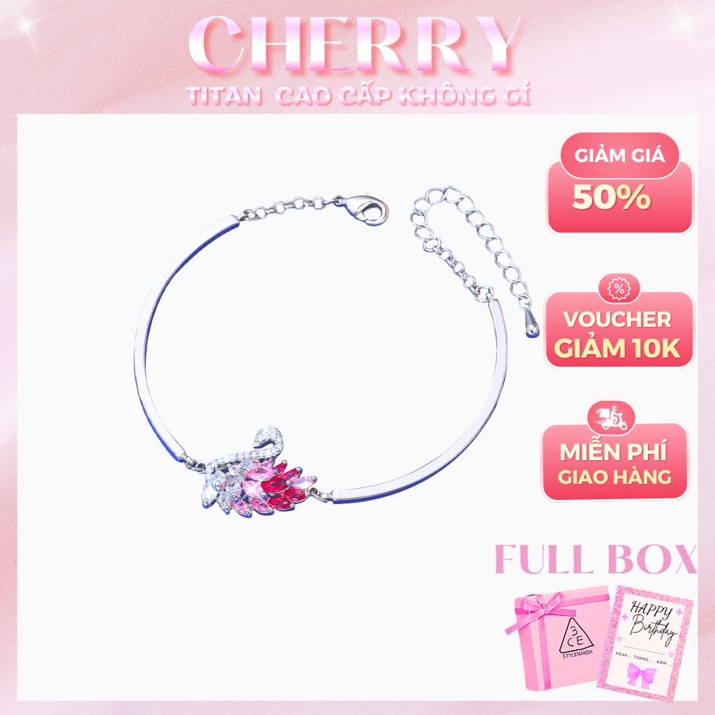 Vòng tay nữ thiên nga CHERRY Jewelry không gỉ , Lắc tay nữ SWAN đá hồng lấp lánh ( Kèm hộp + thiệp )