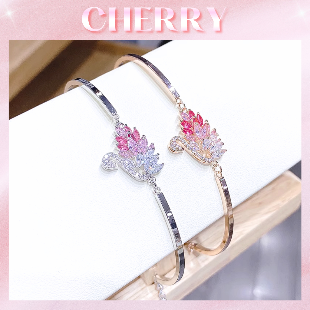 Vòng tay nữ thiên nga CHERRY Jewelry không gỉ , Lắc tay nữ SWAN đá hồng lấp lánh ( Kèm hộp + thiệp )