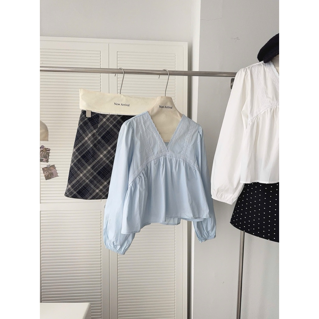 [New 2026] Áo babydoll cổ V phối viền dài tay hàng QC A085