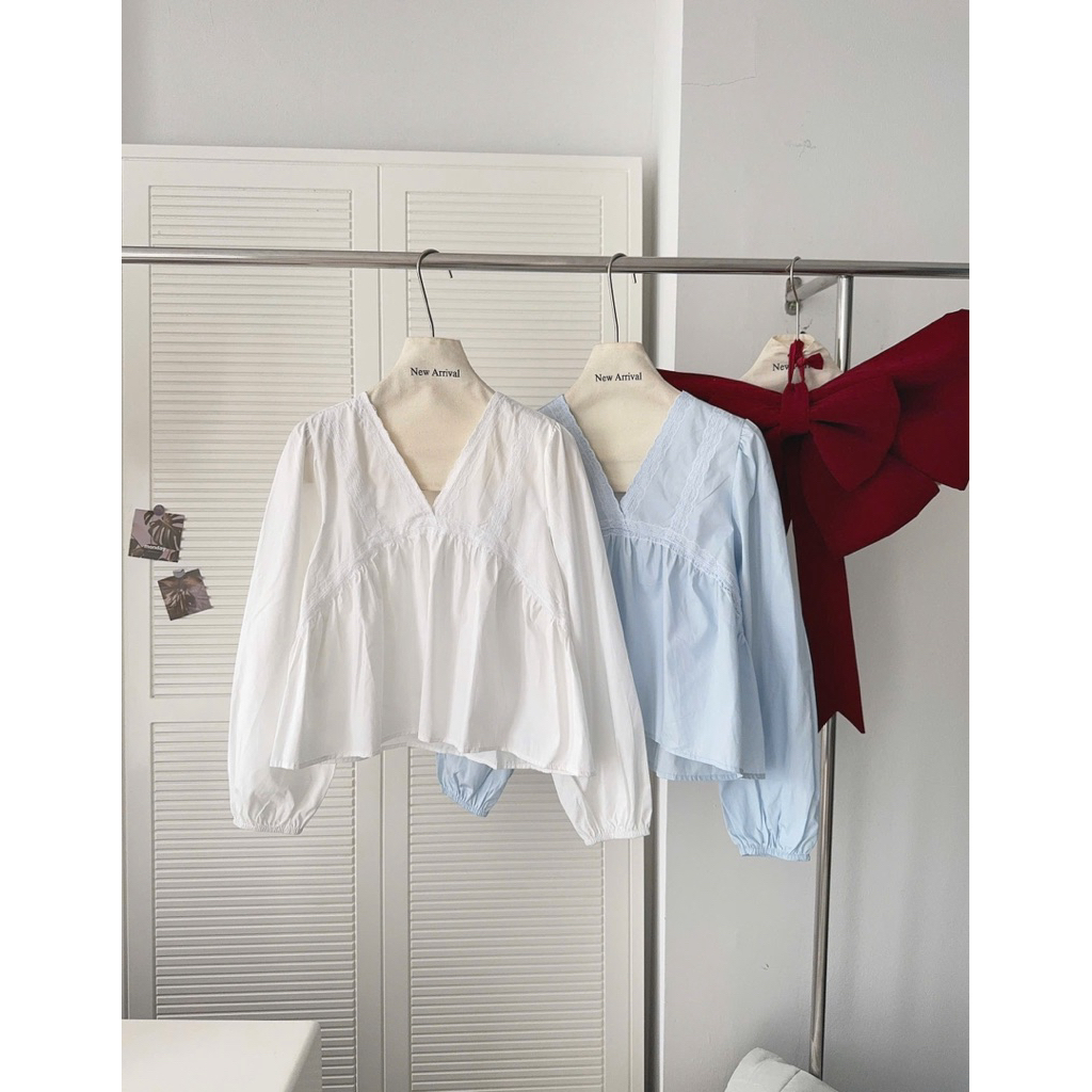[New 2026] Áo babydoll cổ V phối viền dài tay hàng QC A085