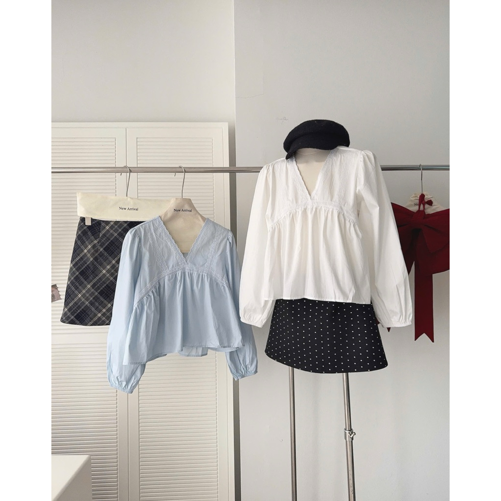 [New 2026] Áo babydoll cổ V phối viền dài tay hàng QC A085