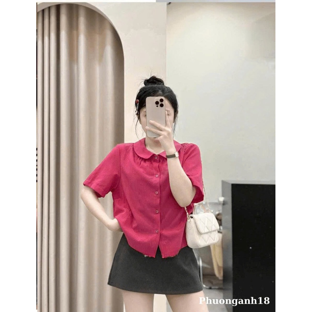 [Hàng mới] Áo Sơmi cộc tay cổ sen phối kẻ hàng QC 4792 A088