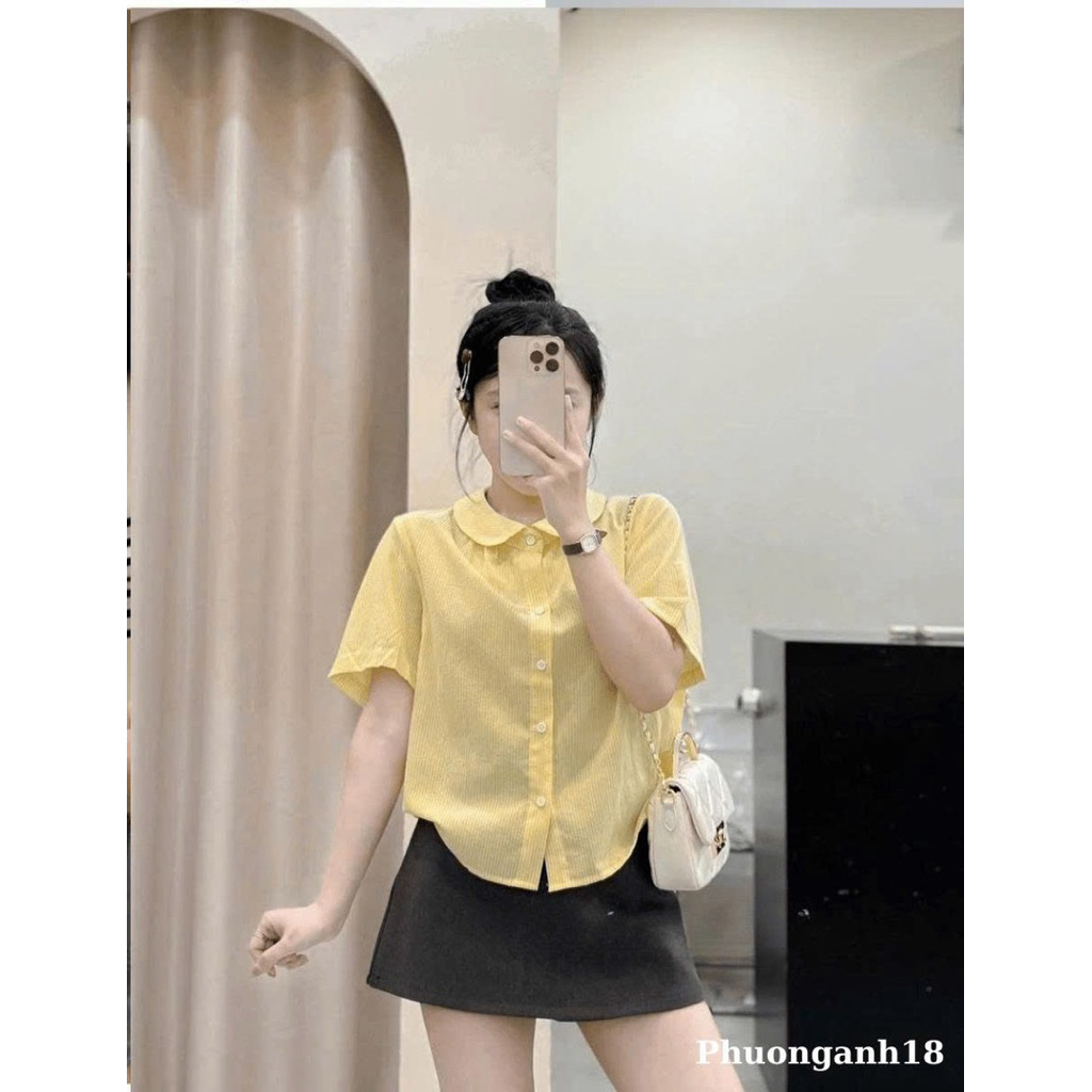 [Hàng mới] Áo Sơmi cộc tay cổ sen phối kẻ hàng QC 4792 A088