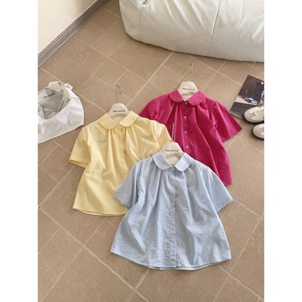 [Hàng mới] Áo Sơmi cộc tay cổ sen phối kẻ hàng QC 4792 A088