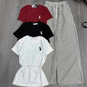 Bộ Quần Áo Nữ Cá Tính In Giả Thêu Logo Ngựa Mix Kèm Quần Kẻ Sọc Suông Ống Rộng Chất Đũi Mềm Mát