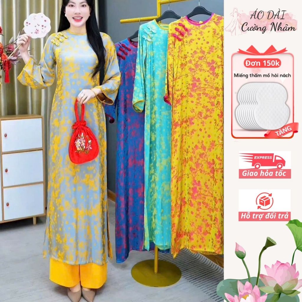 Áo Dài Gấm Vền Hoa Mai Loại 1 Cường Nhâm, Áo Dài Truyền Thống Sáng Trọng, Tôn Dáng Đủ Size S - 5XL