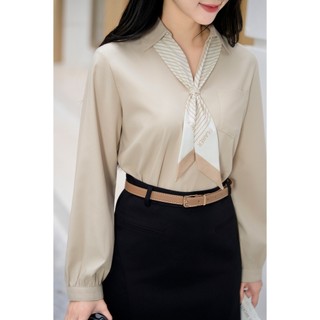 LAMER Áo Sơ Mi Nữ Dài Tay Công Sở Dáng Suông Kèm Khăn Có Thể Tháo Rời O61B26Q009