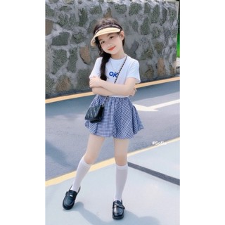 [B&G] Sét váy bé gái áo ok kèm chân váy caro xanh thời trang cho bé đi học đi chơi mùa hè