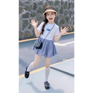 [B&G] Sét váy bé gái áo ok kèm chân váy caro xanh thời trang cho bé đi học đi chơi mùa hè