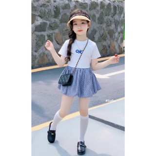 [B&G] Sét váy bé gái áo ok kèm chân váy caro xanh thời trang cho bé đi học đi chơi mùa hè